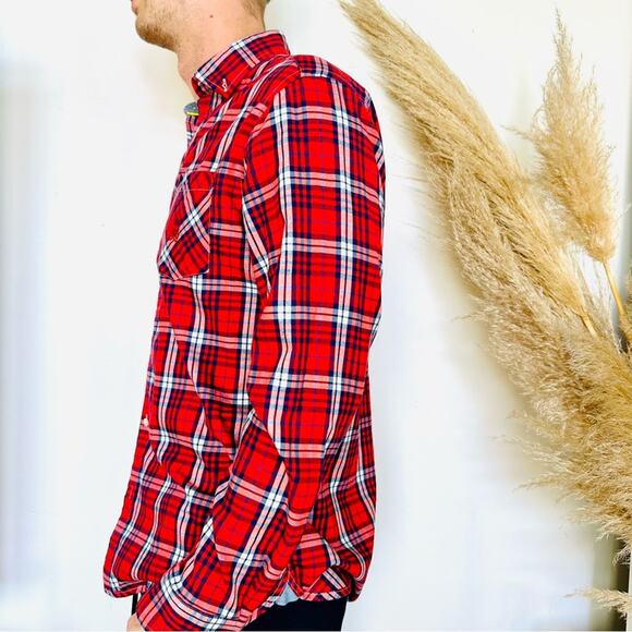 NEW PSYCHO BUNNY Blue Red White Plaid Flannel Print Button Long Sleeve Shirt M - Picture 3 of 9